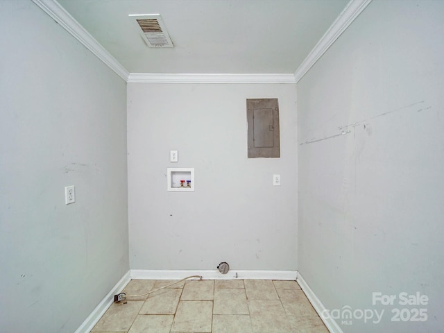363 Sowers Rd, Linwood, NC 27299 - washroom featuring electric panel, washer hookup, ornamental molding, baseboards, and light tile patterned floors