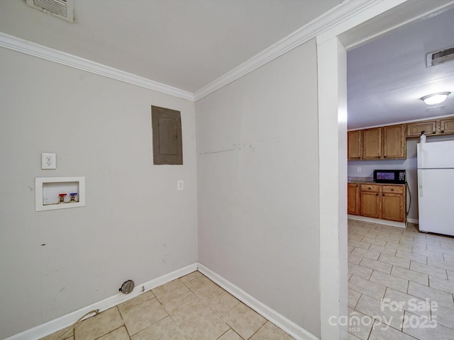 363 Sowers Rd, Linwood, NC 27299 - washroom with hookup for a washing machine, crown molding, light tile patterned floors, electric panel, and baseboards