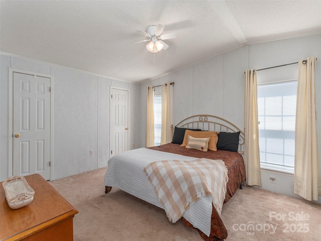 9 Redmond Dr, Alexander, NC 28701 - bedroom with a textured ceiling, light carpet, lofted ceiling, and a ceiling fan