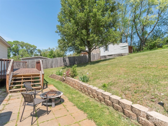 9 Redmond Dr, Alexander, NC 28701 - view of yard with a fire pit, fence, a deck, and a patio area
