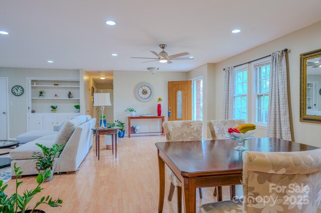6 Chipmunk Cove Rd, Asheville, NC 28804 - dining room featuring a ceiling fan, light wood-style floors, recessed lighting, and built in features