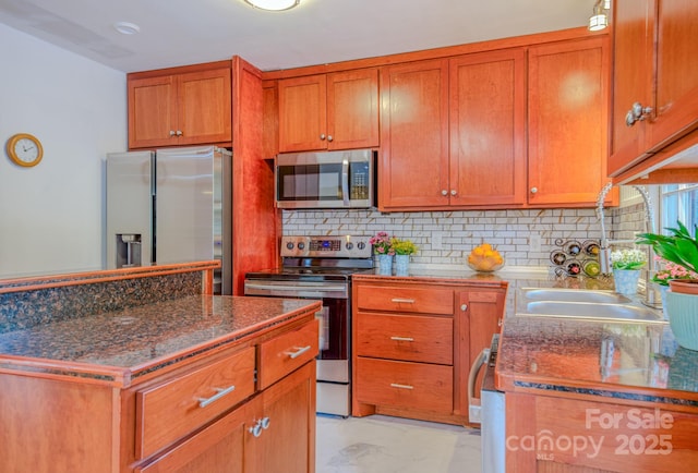 6 Chipmunk Cove Rd, Asheville, NC 28804 - kitchen featuring brown cabinetry, stainless steel appliances, backsplash, and marble finish floor