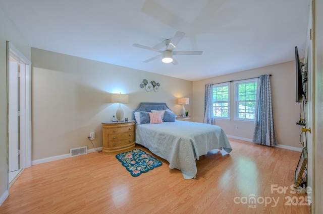 6 Chipmunk Cove Rd, Asheville, NC 28804 - bedroom featuring baseboards, light wood finished floors, visible vents, and a ceiling fan