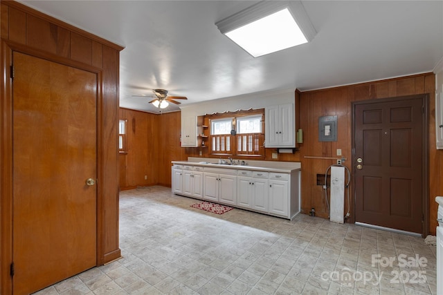 kitchen featuring wooden walls, a sink, white cabinetry, a ceiling fan, and crown molding