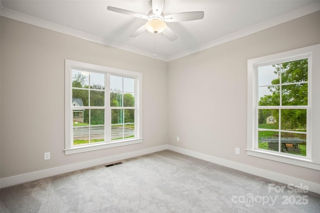 carpeted empty room featuring crown molding, baseboards, ceiling fan, and visible vents