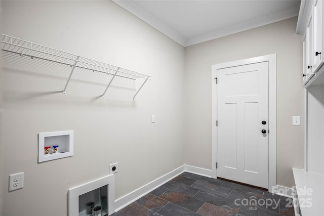 laundry room with cabinet space, stone tile flooring, electric dryer hookup, washer hookup, and baseboards