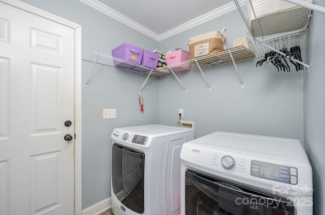 600 Old Hardin Rd, Dallas, NC 28034 - laundry room featuring washer and dryer, laundry area, baseboards, and crown molding