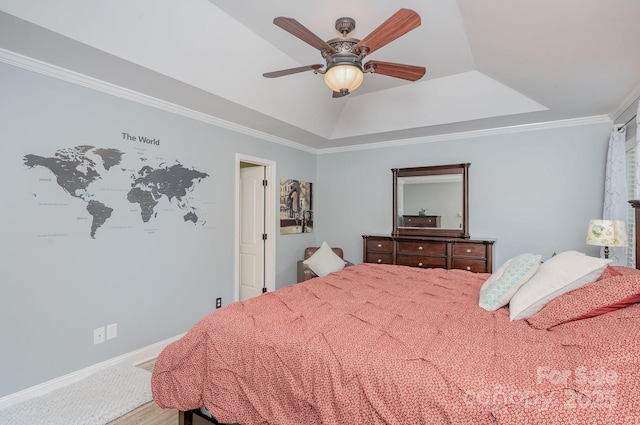 600 Old Hardin Rd, Dallas, NC 28034 - bedroom featuring wood finished floors, baseboards, a raised ceiling, ceiling fan, and ornamental molding