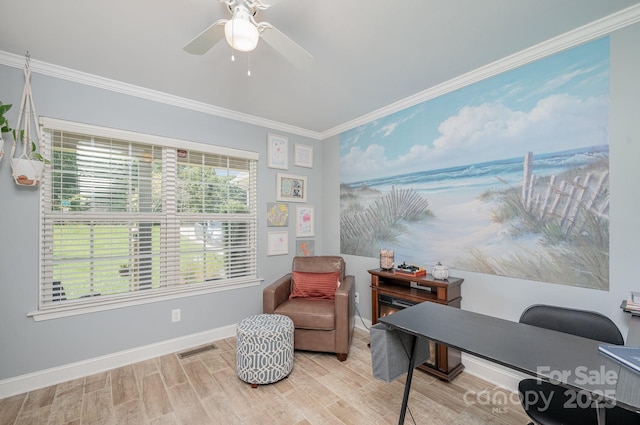 600 Old Hardin Rd, Dallas, NC 28034 - office area with baseboards, ceiling fan, visible vents, crown molding, and wood finished floors