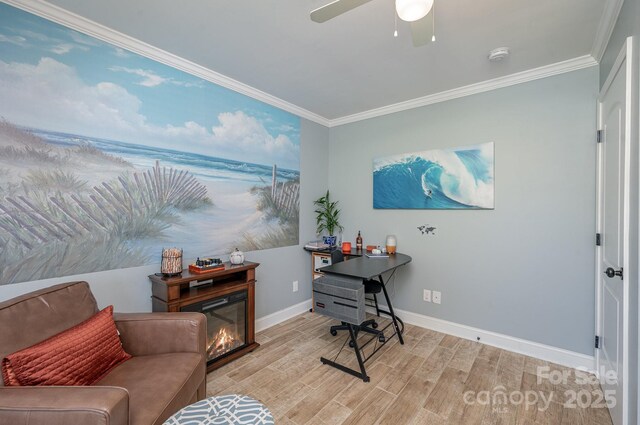600 Old Hardin Rd, Dallas, NC 28034 - home office with wood finished floors, a ceiling fan, crown molding, baseboards, and a glass covered fireplace