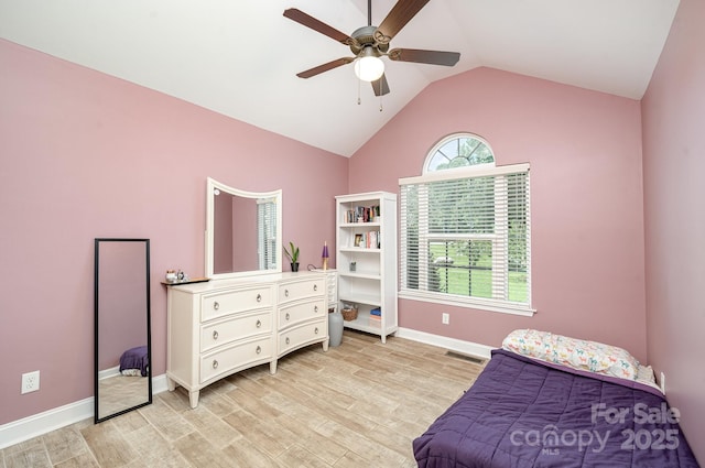 600 Old Hardin Rd, Dallas, NC 28034 - bedroom featuring ceiling fan, lofted ceiling, baseboards, and light wood-type flooring