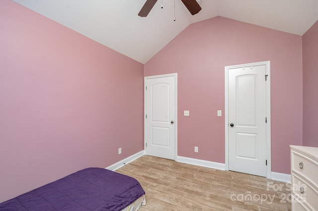 600 Old Hardin Rd, Dallas, NC 28034 - unfurnished bedroom featuring high vaulted ceiling, baseboards, a ceiling fan, and light wood-style floors