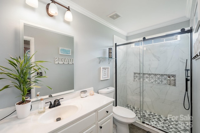 600 Old Hardin Rd, Dallas, NC 28034 - bathroom with toilet, vanity, a marble finish shower, visible vents, and crown molding