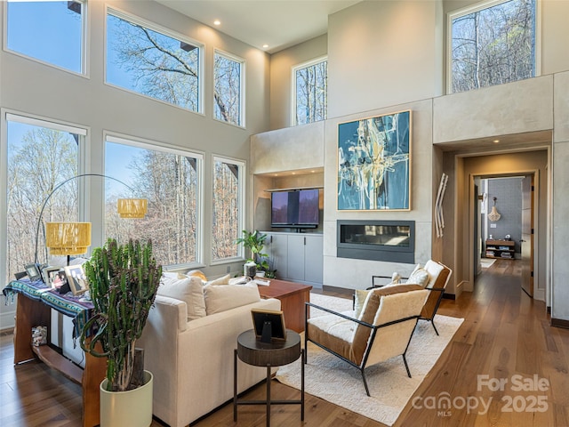391 High Hickory Trl, Swannanoa, NC 28778 - living room with a high ceiling, hardwood / wood-style floors, and baseboards