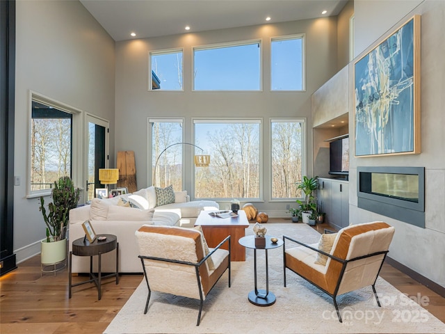 391 High Hickory Trl, Swannanoa, NC 28778 - living room featuring wood finished floors, a high ceiling, plenty of natural light, recessed lighting, and baseboards