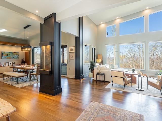 391 High Hickory Trl, Swannanoa, NC 28778 - living area with a towering ceiling and hardwood / wood-style flooring