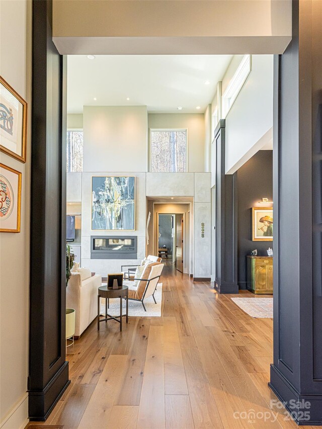 391 High Hickory Trl, Swannanoa, NC 28778 - entrance foyer with healthy amount of natural light, light wood-style flooring, a towering ceiling, a glass covered fireplace, and recessed lighting