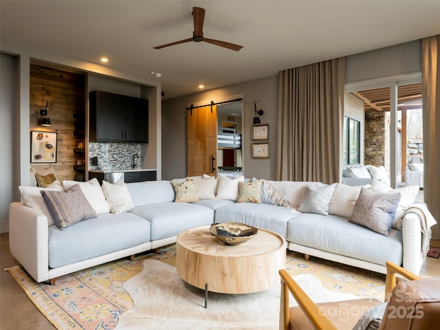 391 High Hickory Trl, Swannanoa, NC 28778 - living room with a barn door, a ceiling fan, and recessed lighting
