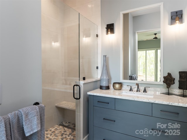391 High Hickory Trl, Swannanoa, NC 28778 - full bath featuring a stall shower, vanity, and ceiling fan