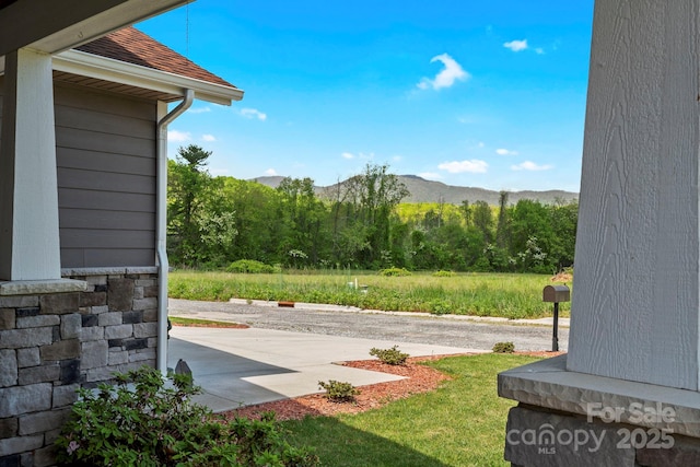view of yard with a forest view, a patio, and a mountain view