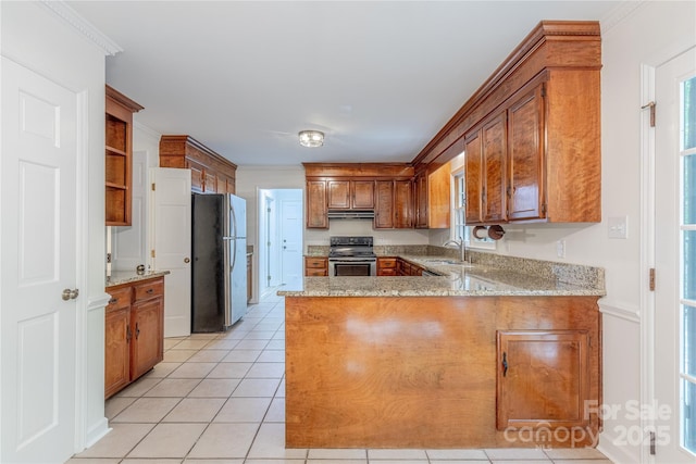 2310 Vestry Pl, Charlotte, NC 28270 - kitchen with appliances with stainless steel finishes, a sink, a peninsula, brown cabinets, and light tile patterned floors