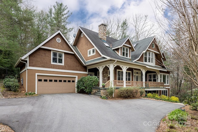 craftsman-style home with a porch, aphalt driveway, roof with shingles, and a chimney