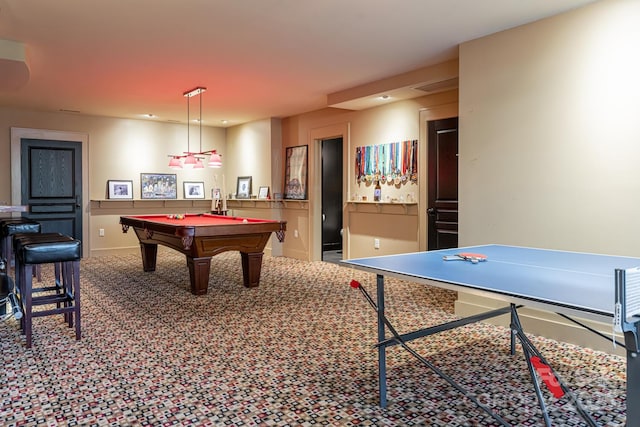 rec room with baseboards, pool table, recessed lighting, and carpet