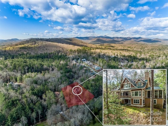aerial view featuring a wooded view and a mountain view