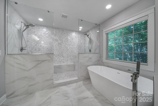 5633 Open Book Ln, Charlotte, NC 28270 - bathroom with a marble finish shower, a soaking tub, recessed lighting, and marble finish flooring