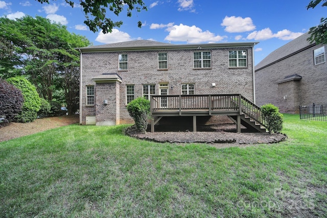 5633 Open Book Ln, Charlotte, NC 28270 - rear view of house with a wooden deck, brick siding, and stairway