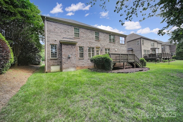 5633 Open Book Ln, Charlotte, NC 28270 - back of property featuring a wooden deck, brick siding, and stairs