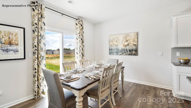 dining room featuring baseboards, dark wood-style flooring, and visible vents