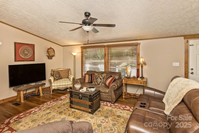 20 Howell Rd, Brevard, NC 28712 - living area featuring crown molding, wood finished floors, ceiling fan, a textured ceiling, and vaulted ceiling