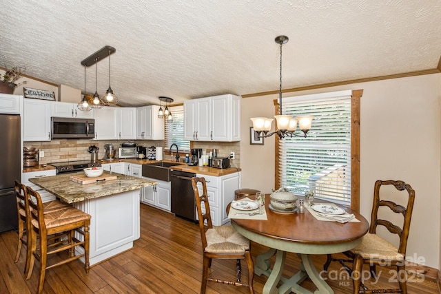 20 Howell Rd, Brevard, NC 28712 - kitchen featuring appliances with stainless steel finishes, a chandelier, a textured ceiling, tasteful backsplash, and a sink
