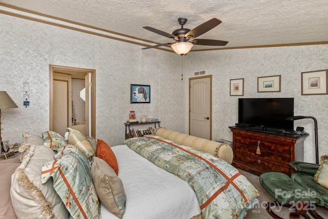 20 Howell Rd, Brevard, NC 28712 - carpeted bedroom with ornamental molding, a textured ceiling, and a ceiling fan
