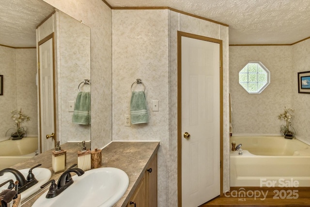 20 Howell Rd, Brevard, NC 28712 - bathroom with a textured ceiling, vanity, a garden tub, ornamental molding, and wood finished floors