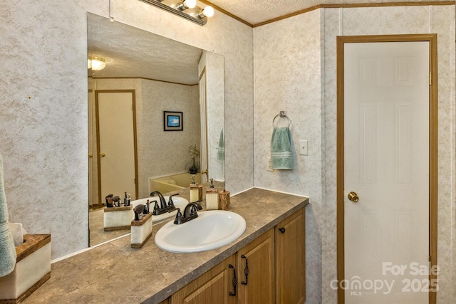 20 Howell Rd, Brevard, NC 28712 - bathroom with vanity, a textured ceiling, crown molding, and wallpapered walls