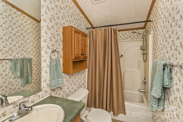 20 Howell Rd, Brevard, NC 28712 - bathroom featuring wallpapered walls, ornamental molding, a textured ceiling, vanity, and shower / bath combo