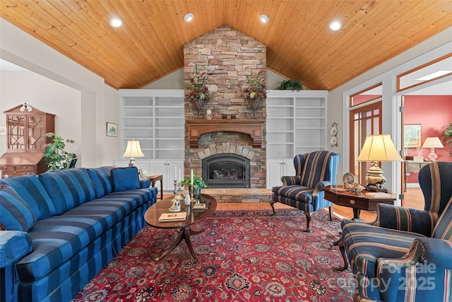living area with built in features, wood ceiling, vaulted ceiling, recessed lighting, and a stone fireplace
