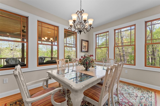 dining room featuring wood finished floors, plenty of natural light, a chandelier, and baseboards