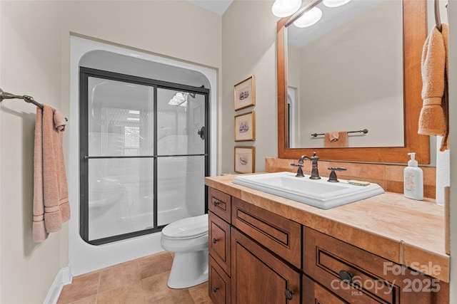 full bath with a shower stall, vanity, and toilet