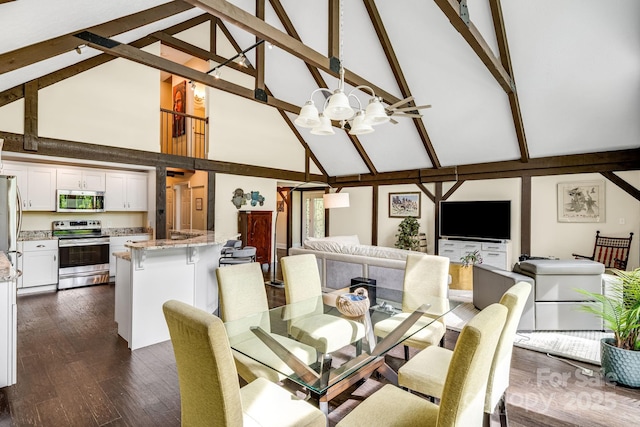 8 Quinn Ct, Asheville, NC 28805 - dining space with high vaulted ceiling, a chandelier, dark wood-type flooring, and beam ceiling