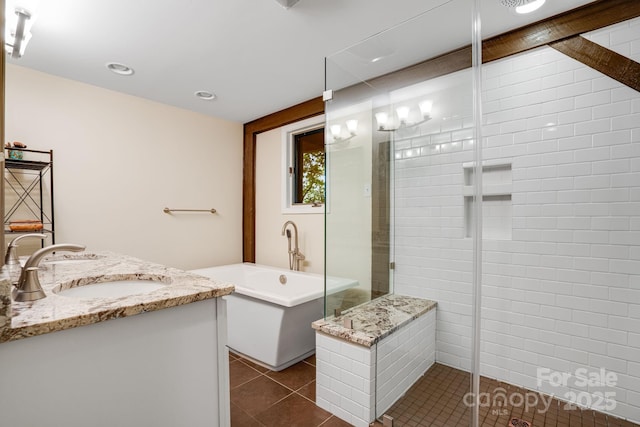 8 Quinn Ct, Asheville, NC 28805 - bathroom with a shower stall, tile patterned flooring, a soaking tub, and vanity