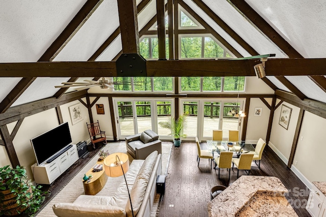 8 Quinn Ct, Asheville, NC 28805 - living room with high vaulted ceiling, beam ceiling, healthy amount of natural light, baseboards, and wood finished floors