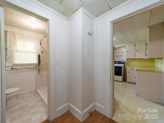 bathroom featuring a stall shower, baseboards, and toilet