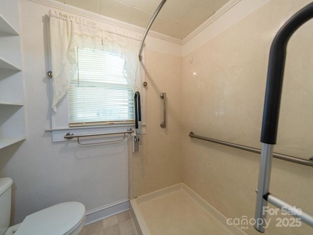 full bathroom with toilet, ornamental molding, tile patterned floors, and a shower