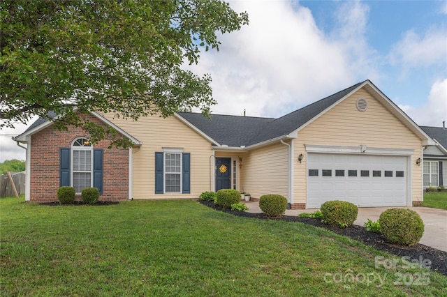 view of front of property featuring concrete driveway, an attached garage, a front lawn, brick siding, and a shingled roof