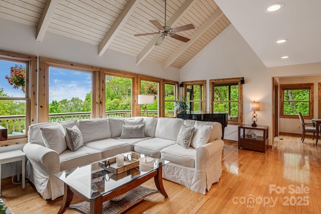 61 Ivy Ridge Rd, Burnsville, NC 28714 - living area with light wood-type flooring, beamed ceiling, ceiling fan, recessed lighting, and baseboards