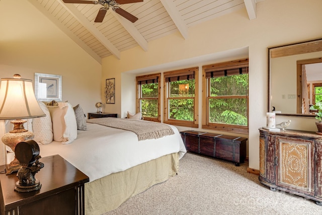 61 Ivy Ridge Rd, Burnsville, NC 28714 - bedroom featuring carpet floors, wooden ceiling with exposed beams, a ceiling fan, and high vaulted ceiling