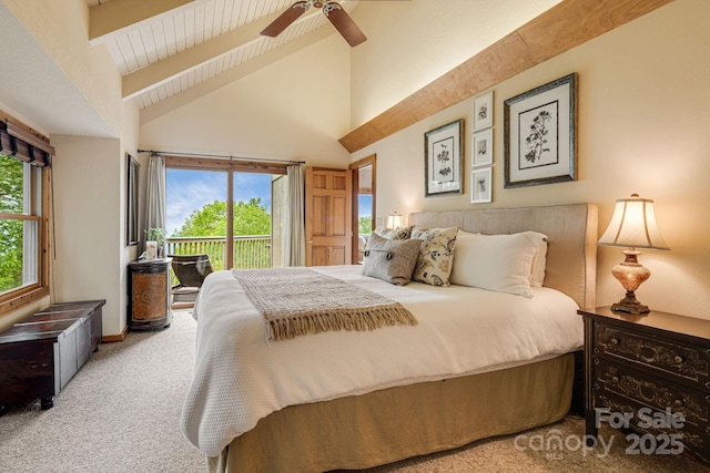 61 Ivy Ridge Rd, Burnsville, NC 28714 - bedroom featuring access to exterior, carpet flooring, beam ceiling, ceiling fan, and baseboards